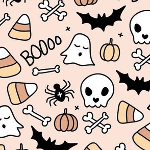 Little halloween candy skulls spider friends and bats kids pumpkin season girls seventies neutral beige sand LARGE