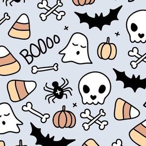 Little halloween candy skulls spider friends and bats kids pumpkin season vintage ice blue beige neutral LARGE