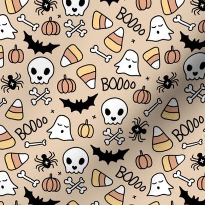 Little halloween candy skulls spider friends and bats kids pumpkin season girls seventies neutral beige caramel