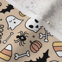 Little halloween candy skulls spider friends and bats kids pumpkin season girls seventies neutral beige caramel