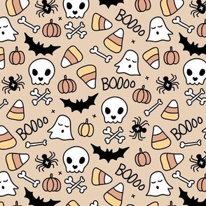 Little halloween candy skulls spider friends and bats kids pumpkin season girls seventies neutral beige caramel