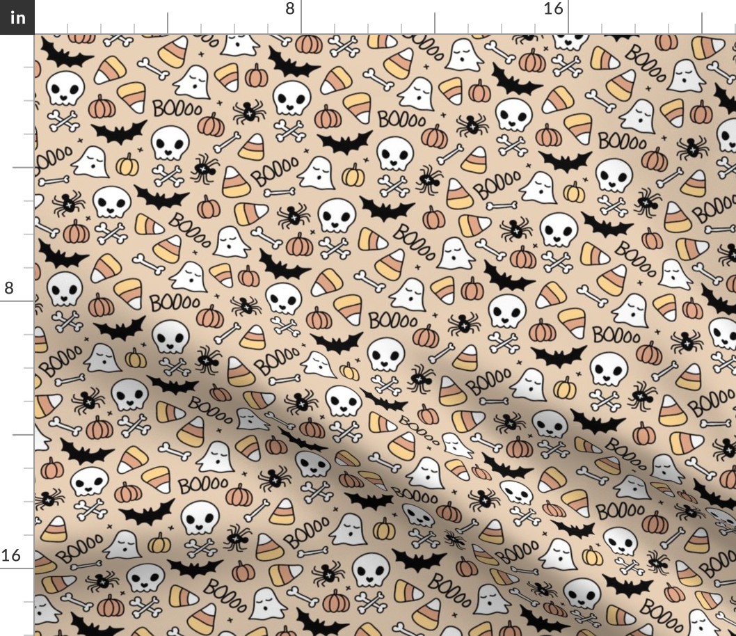 Little halloween candy skulls spider friends and bats kids pumpkin season girls seventies neutral beige caramel