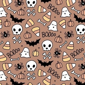 Little halloween candy skulls spider friends and bats kids pumpkin season girls seventies neutral beige brown sienna