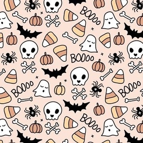 Little halloween candy skulls spider friends and bats kids pumpkin season girls seventies neutral beige sand