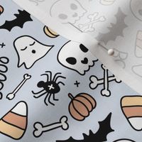 Little halloween candy skulls spider friends and bats kids pumpkin season vintage ice blue beige neutra