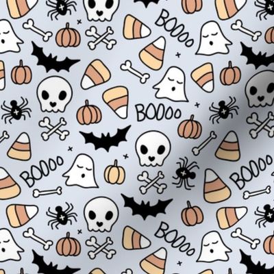 Little halloween candy skulls spider friends and bats kids pumpkin season vintage ice blue beige neutra