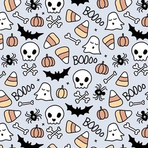 Little halloween candy skulls spider friends and bats kids pumpkin season vintage ice blue beige neutra