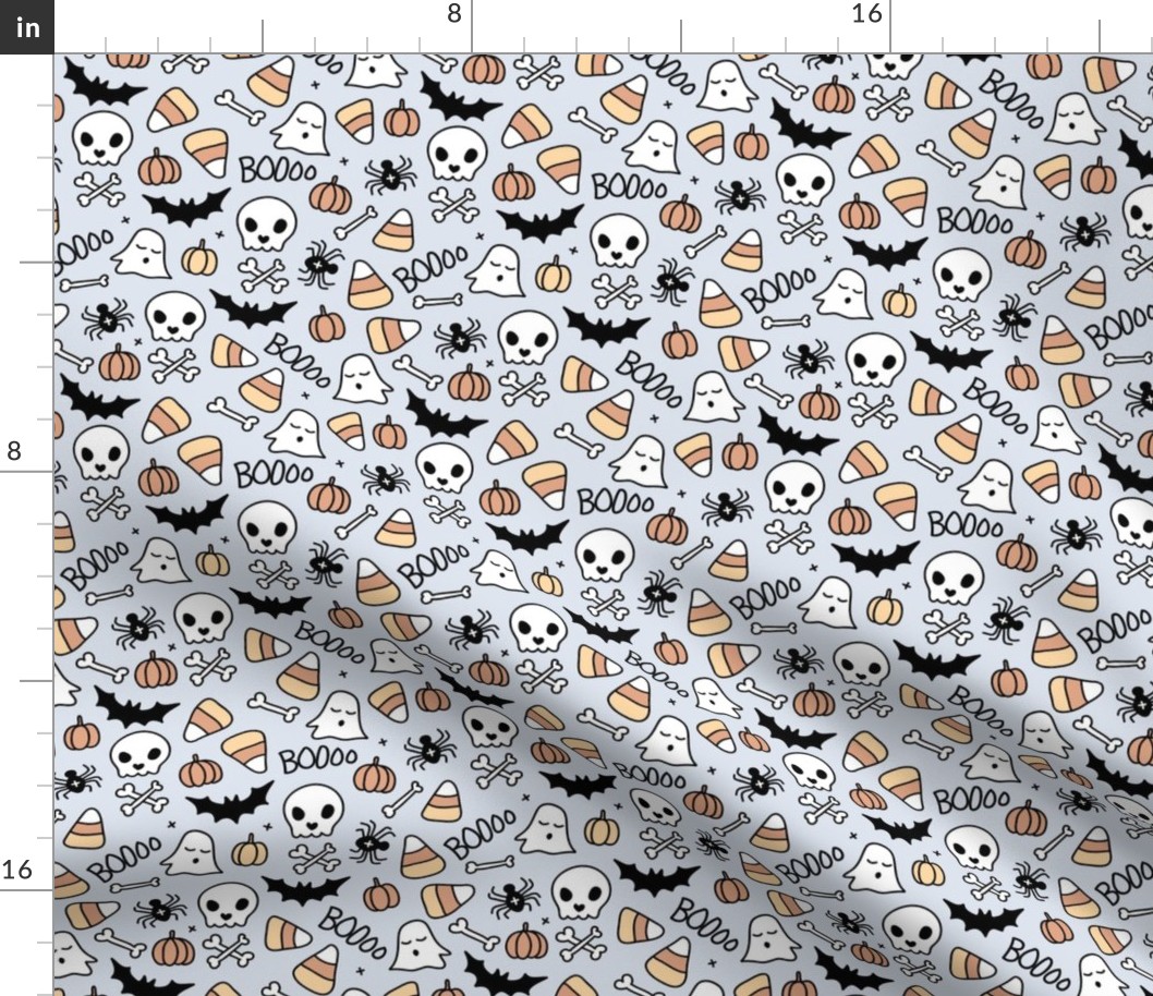 Little halloween candy skulls spider friends and bats kids pumpkin season vintage ice blue beige neutra