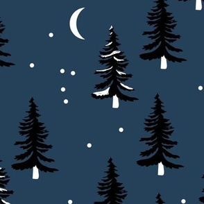 Christmas forest pine trees and snowflakes winter night new magic moon boho navy blue black JUMBO