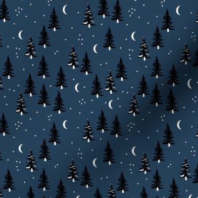 Christmas forest pine trees and snowflakes winter night new magic moon boho navy blue black SMALL