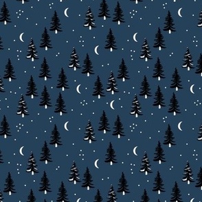 Christmas forest pine trees and snowflakes winter night new magic moon boho navy blue black SMALL