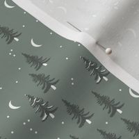Christmas forest pine trees and snowflakes winter night new magic moon boho moody green cameo gray SMALL