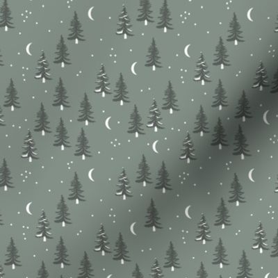 Christmas forest pine trees and snowflakes winter night new magic moon boho moody green cameo gray SMALL