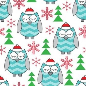 teal owls with santa hats