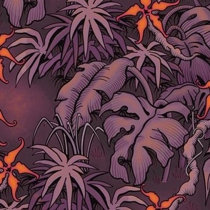 ★ MOODY JUNGLE ★ Monstera, Banana Leaves, Tropical flowers / Plum Purple + Orange - Small Scale / Collection : Welcome to the Jungle – Wild Tropical Prints