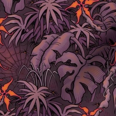 ★ SPOOKY JUNGLE ★ Spiders and Spiderwebs + Monstera, Banana Leaves and Tropical flowers / Plum Purple + Orange - Small Scale / Collection : Welcome to the Jungle – Wild Tropical Prints