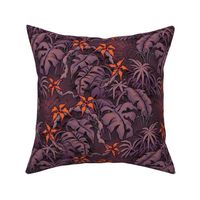 ★ SPOOKY JUNGLE ★ Spiders and Spiderwebs + Monstera, Banana Leaves and Tropical flowers / Plum Purple + Orange - Small Scale / Collection : Welcome to the Jungle – Wild Tropical Prints