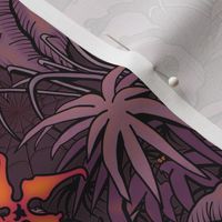 ★ SPOOKY JUNGLE ★ Spiders and Spiderwebs + Monstera, Banana Leaves and Tropical flowers / Plum Purple + Orange - Small Scale / Collection : Welcome to the Jungle – Wild Tropical Prints