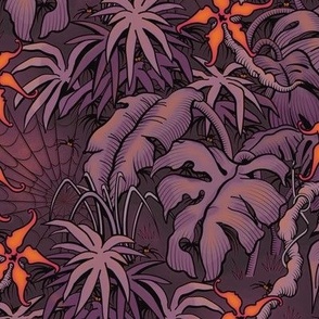 ★ SPOOKY JUNGLE ★ Spiders and Spiderwebs + Monstera, Banana Leaves and Tropical flowers / Plum Purple + Orange - Small Scale / Collection : Welcome to the Jungle – Wild Tropical Prints