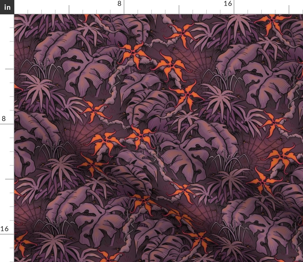 ★ SPOOKY JUNGLE ★ Spiders and Spiderwebs + Monstera, Banana Leaves and Tropical flowers / Plum Purple + Orange - Small Scale / Collection : Welcome to the Jungle – Wild Tropical Prints