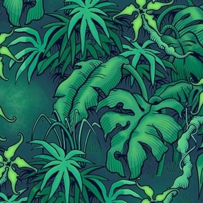 ★ MOODY JUNGLE ★ Monstera, Banana Leaves, Tropical flowers / Green - Small Scale / Collection : Welcome to the Jungle – Wild Tropical Prints