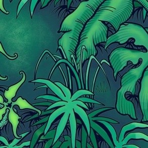 ★ MOODY JUNGLE ★ Monstera, Banana Leaves, Tropical flowers / Green - Large Scale / Collection : Welcome to the Jungle – Wild Tropical Prints