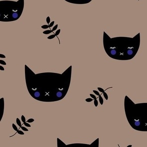 Little black cats blushing  halloween minimalist kawaii halloween design for kids black neon eclectic blue on moody latte beige