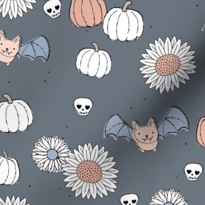 Sunflowers and pumpkins sweet halloween vintage style bats and skulls garden fall seventies orange on cool gray