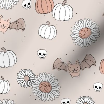 Sunflowers and pumpkins sweet halloween vintage style bats and skulls garden fall seventies orange on baby beige sand moody coral