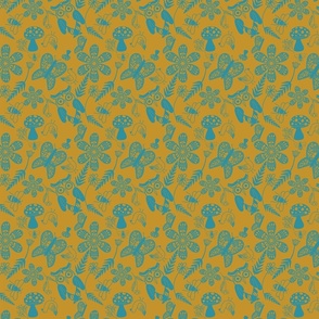 Folk  Art Forest Pattern- Mustard yellow and Lagoon Blue