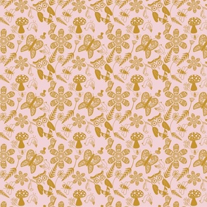 Folk Art Forest Pattern- Mustard Yellow and Cottton Candy Pink