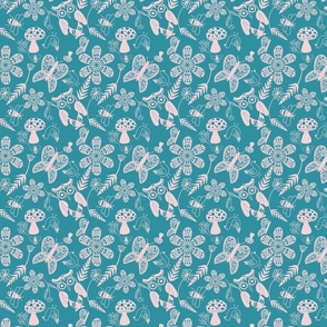 Folk Art Forest Pattern in Cotton in Lagoon Blue with COtton Candy Pink