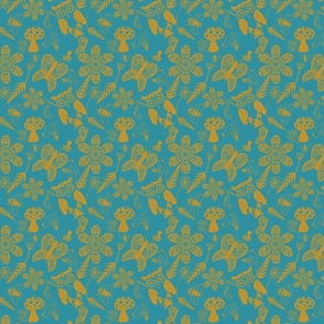 Folk Art Forest Pattern- Lagoon Blue and Mustard Yellow