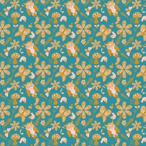 Folk Art Forest Pattern- Cotton Candy Pink, Lagoon Blue and Mustard Yellow