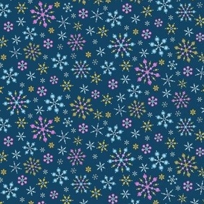 599 - Small scale beaded snowflake  in dark teal with pink, turquoise and yellow motifs: small scale for kids apparel, soft furnishings and Christmas gift items