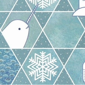 Snowflakes and Arctic Animals Patchwork- Geometric Sashiko- Turquoise- Teal- Large- Wallpaper- Home Decor- Canadian Wildlife- Polar Bear-Narwhal- Baby Seal- Fox- Owl- Rabbit