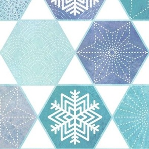 Sashiko Snowflakes- Winter Patchwork- Geometric- Turquoise and Indigo Blue- Large Scale- Wallpaper- Home Decor