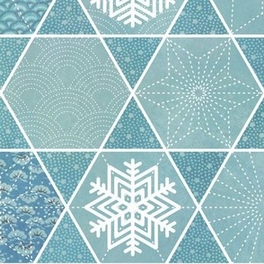 Sashiko Snowflakes-- Winter Patchwork- Geometric- Turquoise- Large Scale- Wallpaper- Home Decor