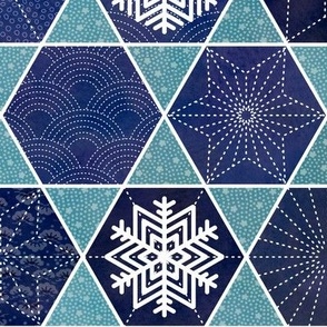 Sashiko Snowflakes - Winter Patchwork- Navy Blue and Turquoise Large Scale- Wallpaper- Home Decor