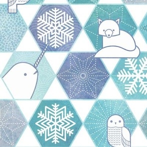 Snowflakes and Arctic Animals Patchwork- Geometric Sashiko- Turquoise- Indigo Blue- Medium- Wallpaper- Home Decor- Canadian Wildlife- Polar Bear-Narwhal- Baby Seal- Fox- Owl- Rabbit- Canada