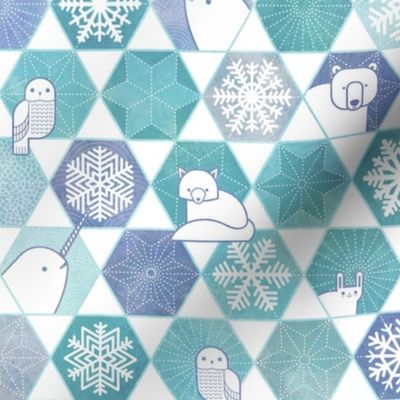 Snowflakes and Arctic Animals Patchwork- Geometric Sashiko- Turquoise- Indigo Blue- Small Scale- Canadian Wildlife- Polar Bear-Narwhal- Baby Seal- Fox- Owl- Rabbit- Kids Face Mask- Quilt Blender- Canada