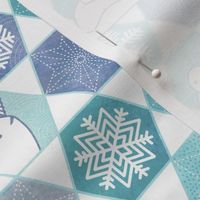 Snowflakes and Arctic Animals Patchwork- Geometric Sashiko- Turquoise- Indigo Blue- Small Scale- Canadian Wildlife- Polar Bear-Narwhal- Baby Seal- Fox- Owl- Rabbit- Kids Face Mask- Quilt Blender- Canada