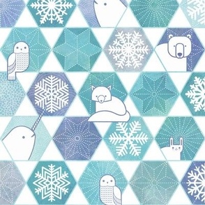 Snowflakes and Arctic Animals Patchwork- Geometric Sashiko- Turquoise- Indigo Blue- Small Scale- Canadian Wildlife- Polar Bear-Narwhal- Baby Seal- Fox- Owl- Rabbit- Kids Face Mask- Quilt Blender- Canada
