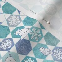 Snowflakes and Arctic Animals Patchwork- Geometric Sashiko- Turquoise- Indigo Blue- Mini- Small Scale- Canadian Wildlife- Polar Bear-Narwhal- Baby Seal- Fox- Owl- Rabbit- Kids Face Mask- Quilt Blender- Canada