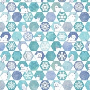 Snowflakes and Arctic Animals Patchwork- Geometric Sashiko- Turquoise- Indigo Blue- Mini- Small Scale- Canadian Wildlife- Polar Bear-Narwhal- Baby Seal- Fox- Owl- Rabbit- Kids Face Mask- Quilt Blender- Canada