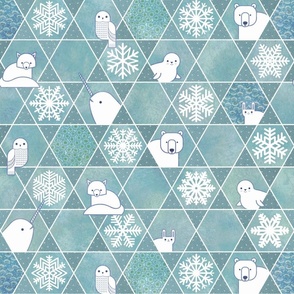 Snowflakes and Arctic Animals Patchwork- Geometric Sashiko- Turquoise- Teal- Medium- Wallpaper- Home Decor- Canadian Wildlife- Polar Bear-Narwhal- Baby Seal- Fox- Owl- Rabbit