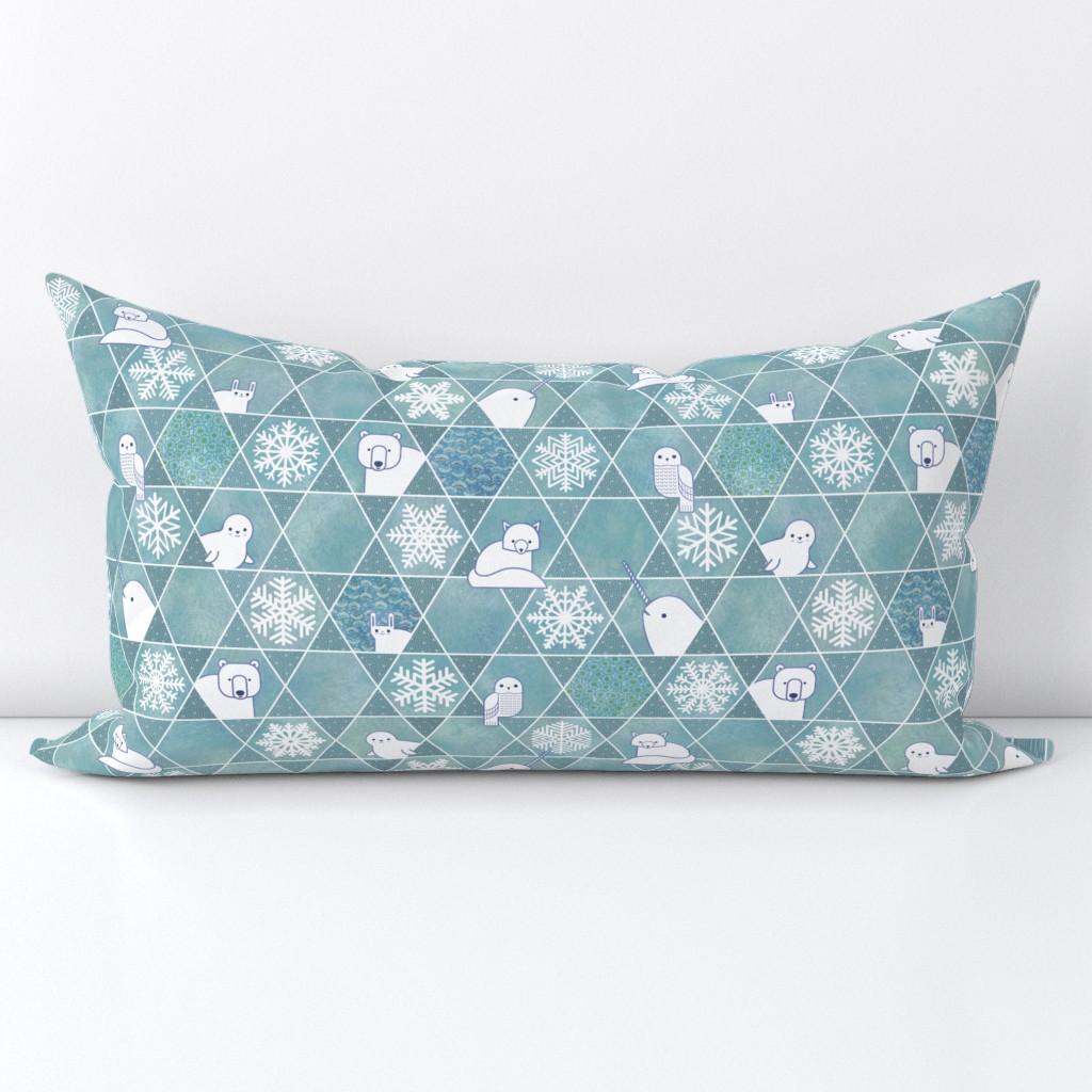 Snowflakes and Arctic Animals Patchwork- Geometric Sashiko- Turquoise- Teal- Small Scale- Canadian Wildlife- Polar Bear-Narwhal- Baby Seal- Fox- Owl- Rabbit- Kids Face Mask- Quilt Blender