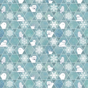 Snowflakes and Arctic Animals Patchwork- Geometric Sashiko- Turquoise- Teal- Small Scale- Canadian Wildlife- Polar Bear-Narwhal- Baby Seal- Fox- Owl- Rabbit- Kids Face Mask- Quilt Blender
