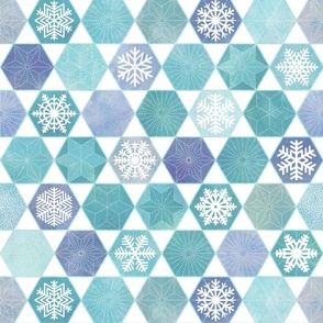 Sashiko Snowflakes - Winter Patchwork- Geometric- Turquoise and Indigo Blue Medium- Wallpaper- Home Decor