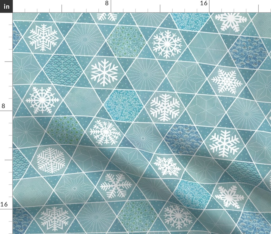 Sashiko Snowflakes - Winter Patchwork- Geometric- Turquoise Medium- Wallpaper- Home Decor